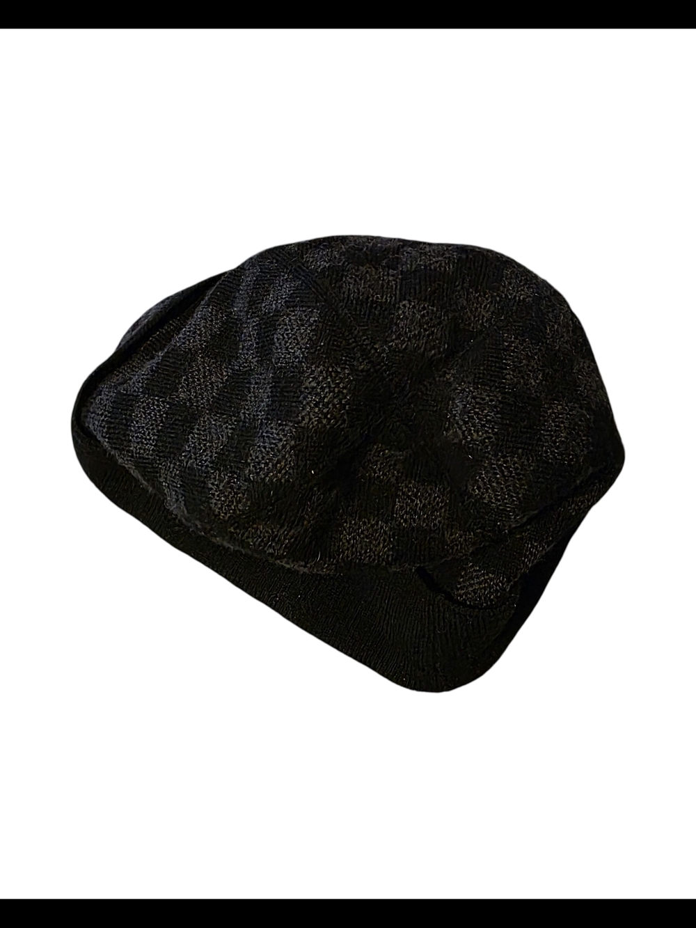 Louis Vuitton Black Tonal Checkered Knit Beanie with LV Logo Cuff - Picture 2 of 3